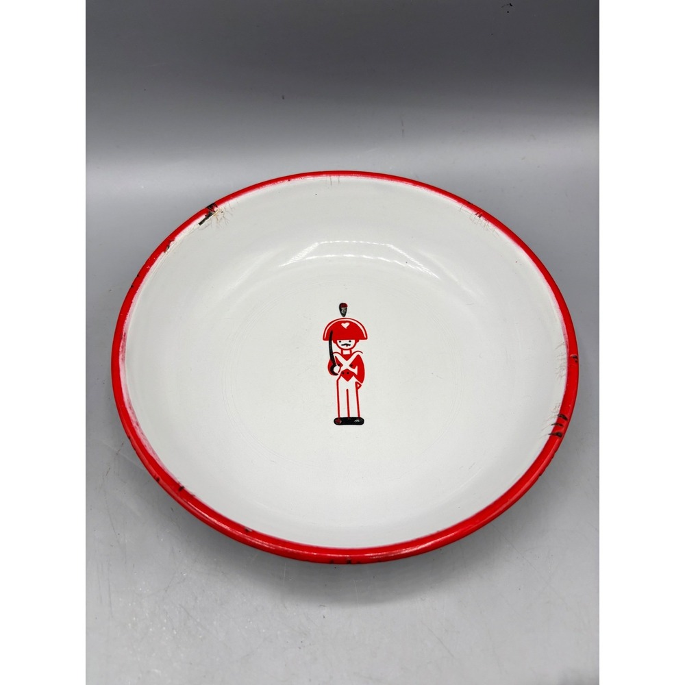 Vintage Sweden Enamelware Bowl Red‎ Soldier Illustration White Red Rim